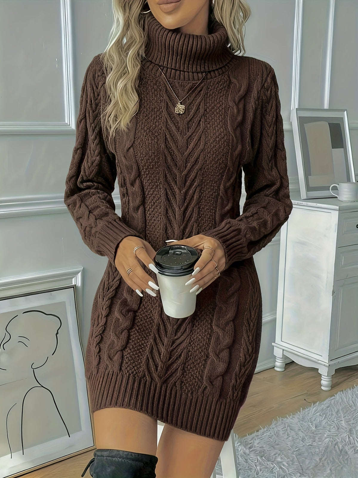 Marchetti Cable Knit Turtleneck Sweater Dress