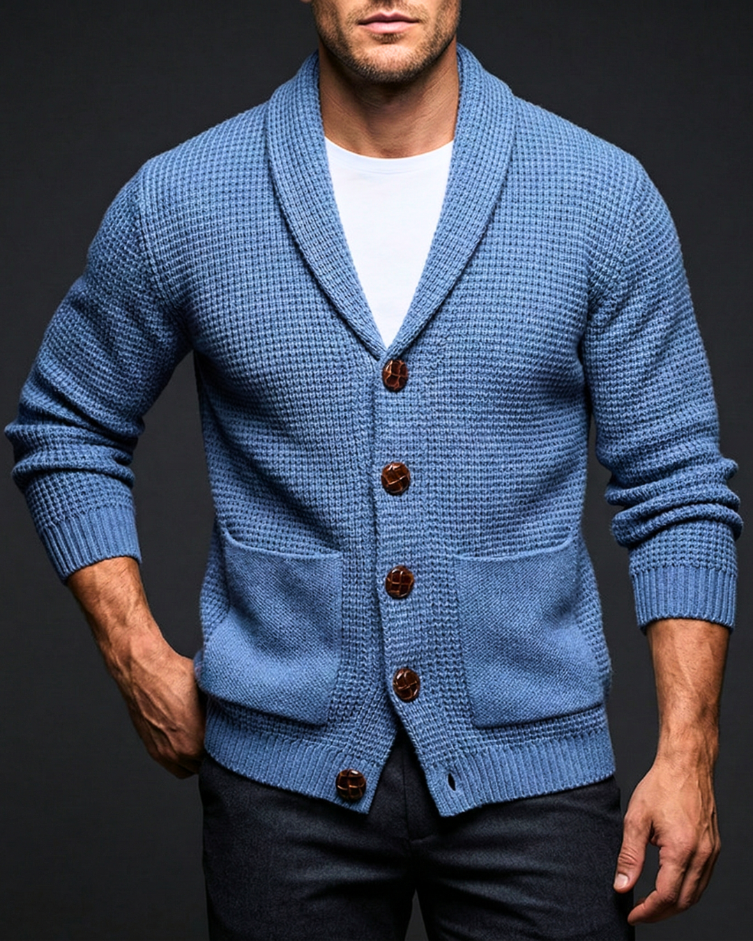 Sutton Men's Waffle Knit Shawl Cardigan | Wood Buttons