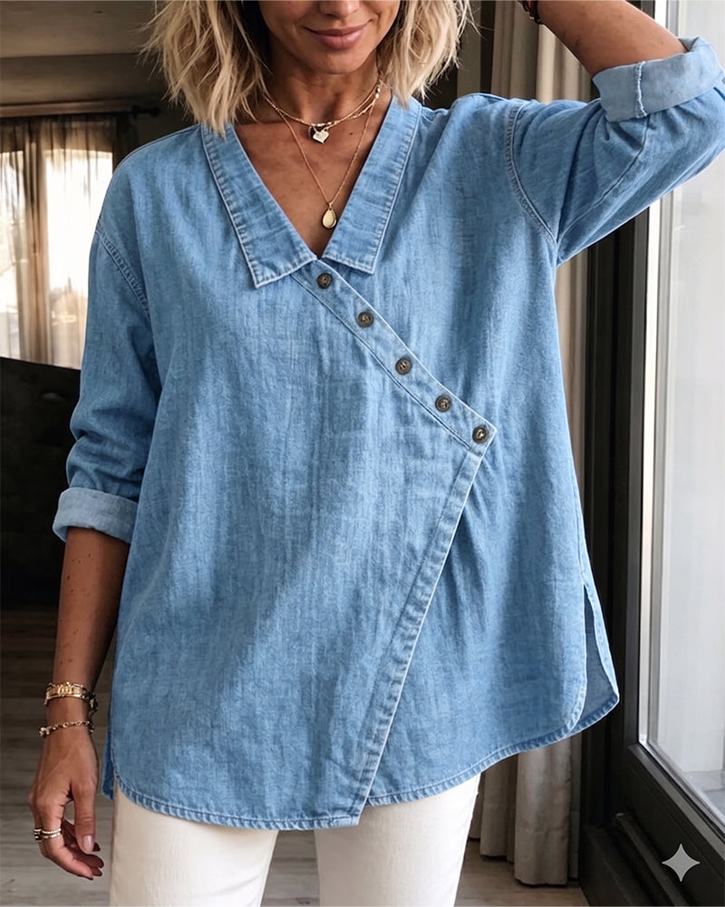 Palmer Women's Denim Wrap Collar Blouse