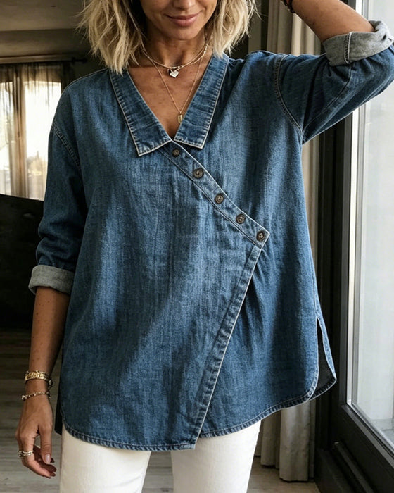 Palmer Women's Denim Wrap Collar Blouse