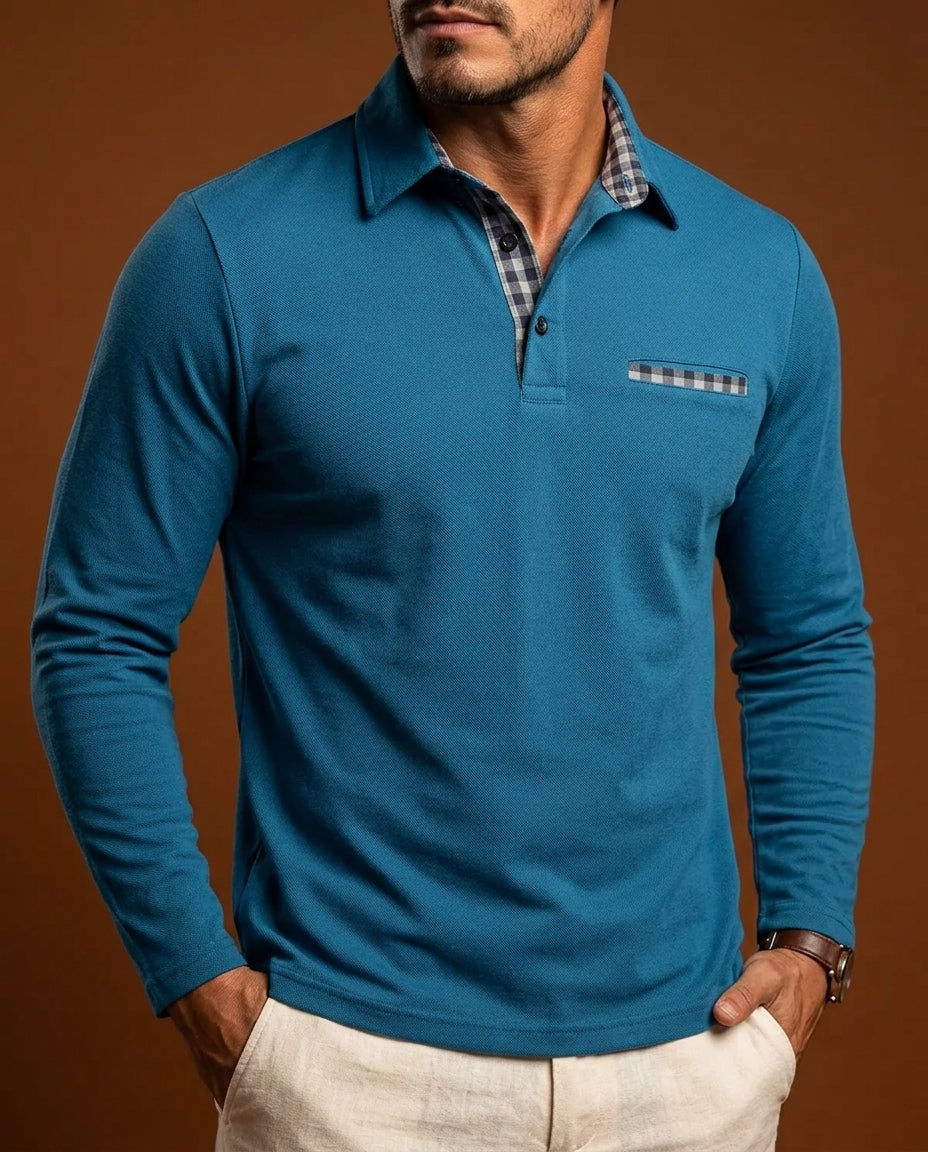 Preston Men's Plaid Trim Long Sleeve Polo