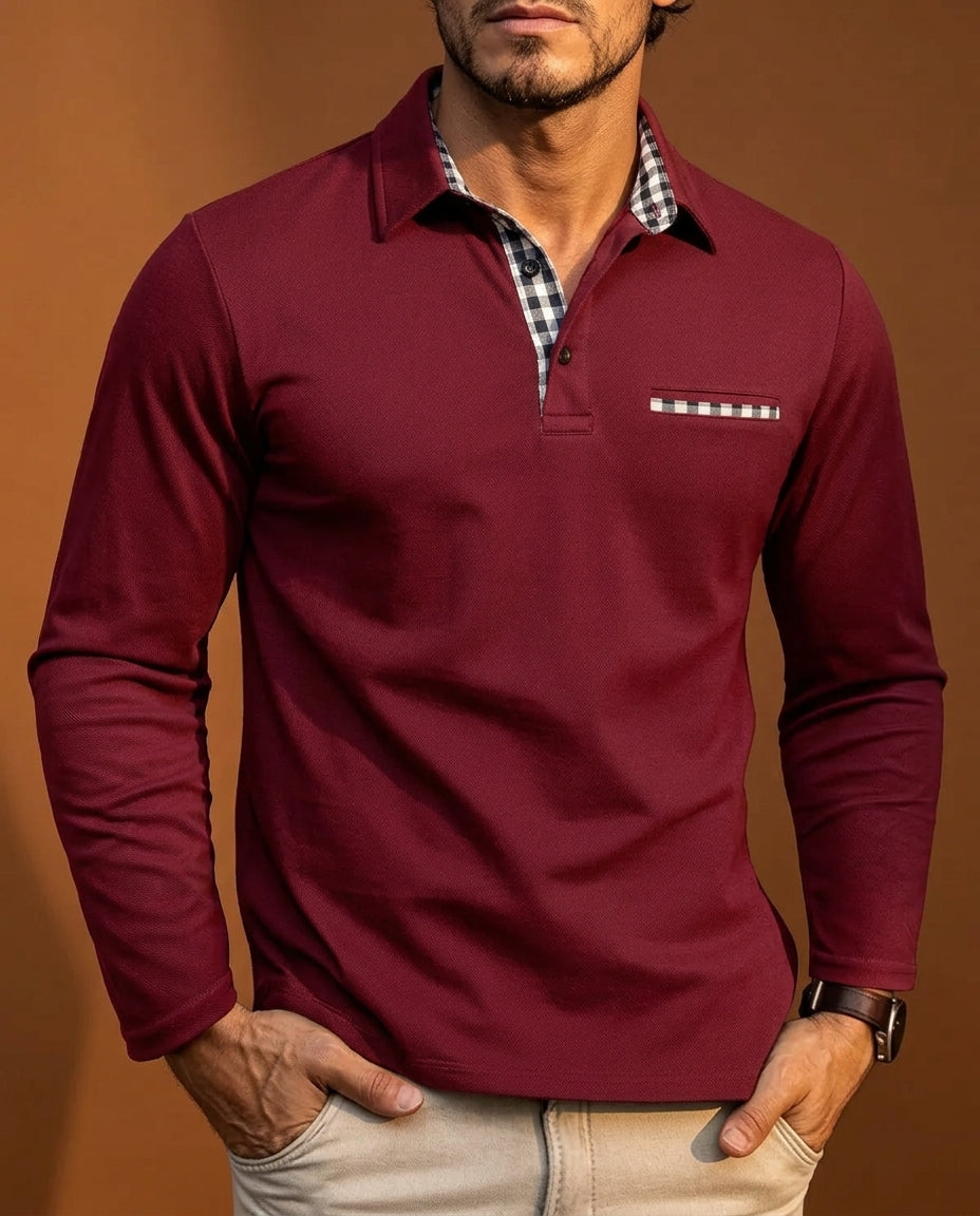 Preston Men's Plaid Trim Long Sleeve Polo