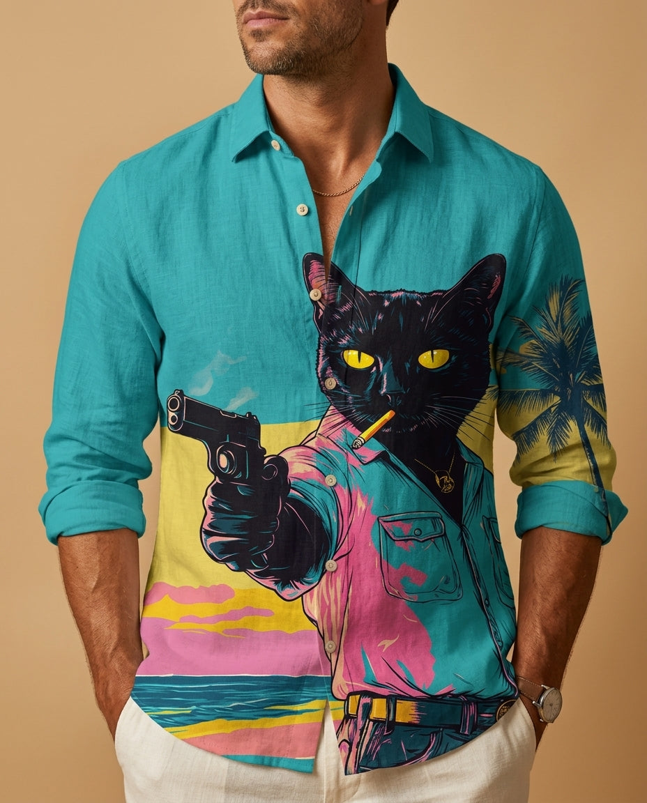 Barrett Men's Cat Print Stand Collar Shirt