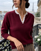 Whitney Women's Lace Trim Split Neck Sweater