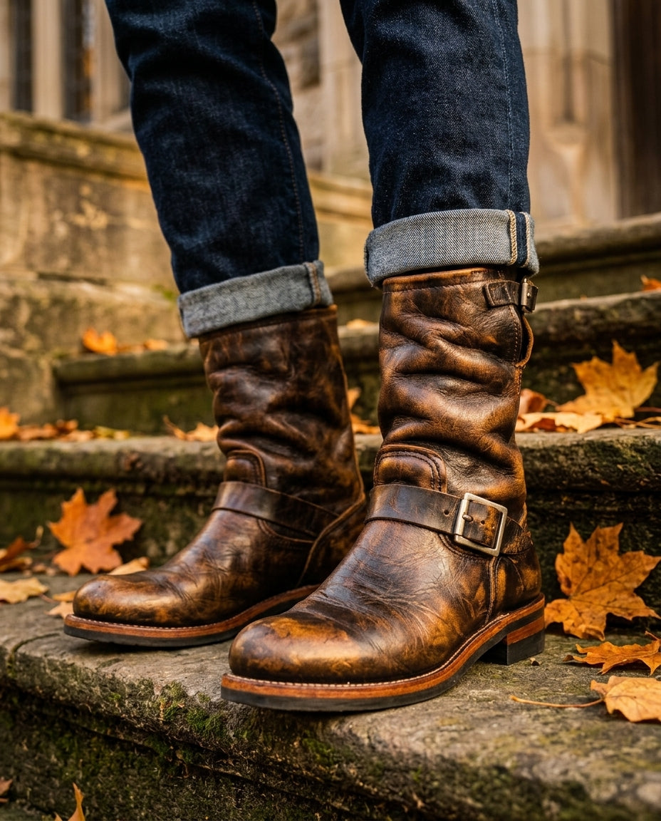 Sullivan Men's Distressed Leather Buckle Engineer Boots