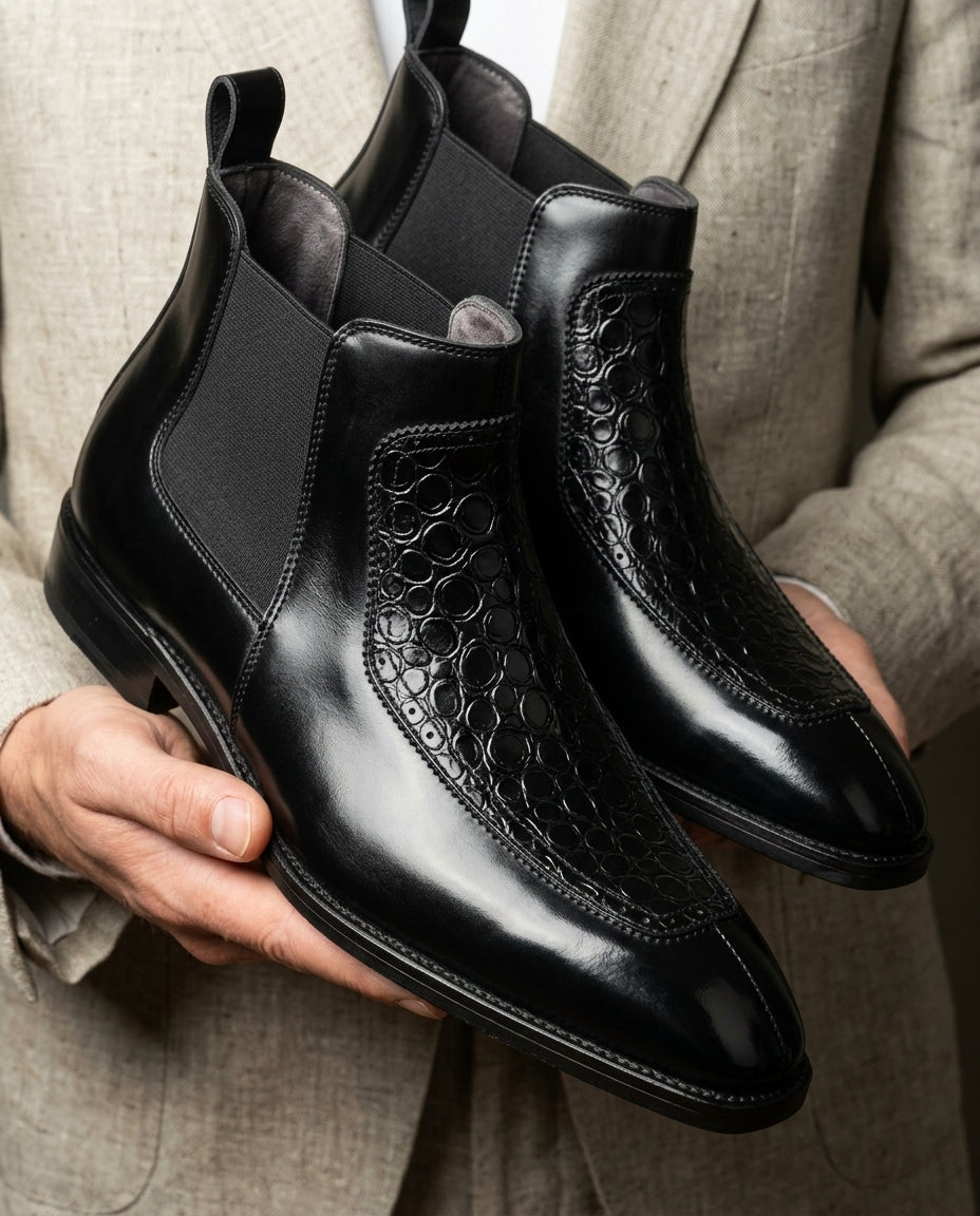 Harlow Men's Croc Embossed Leather Chelsea Boots