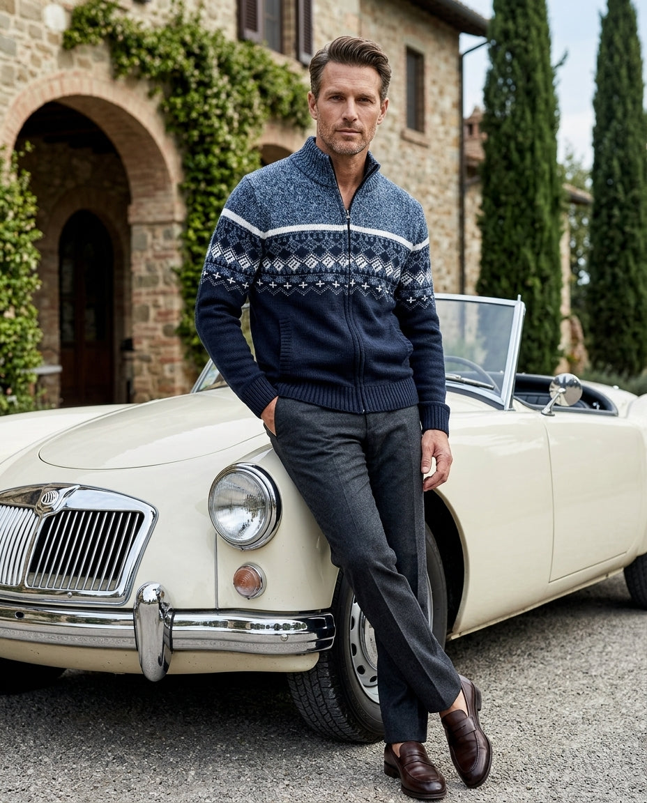 Sterling Men's Wool Blend Fair Isle Zip Cardigan