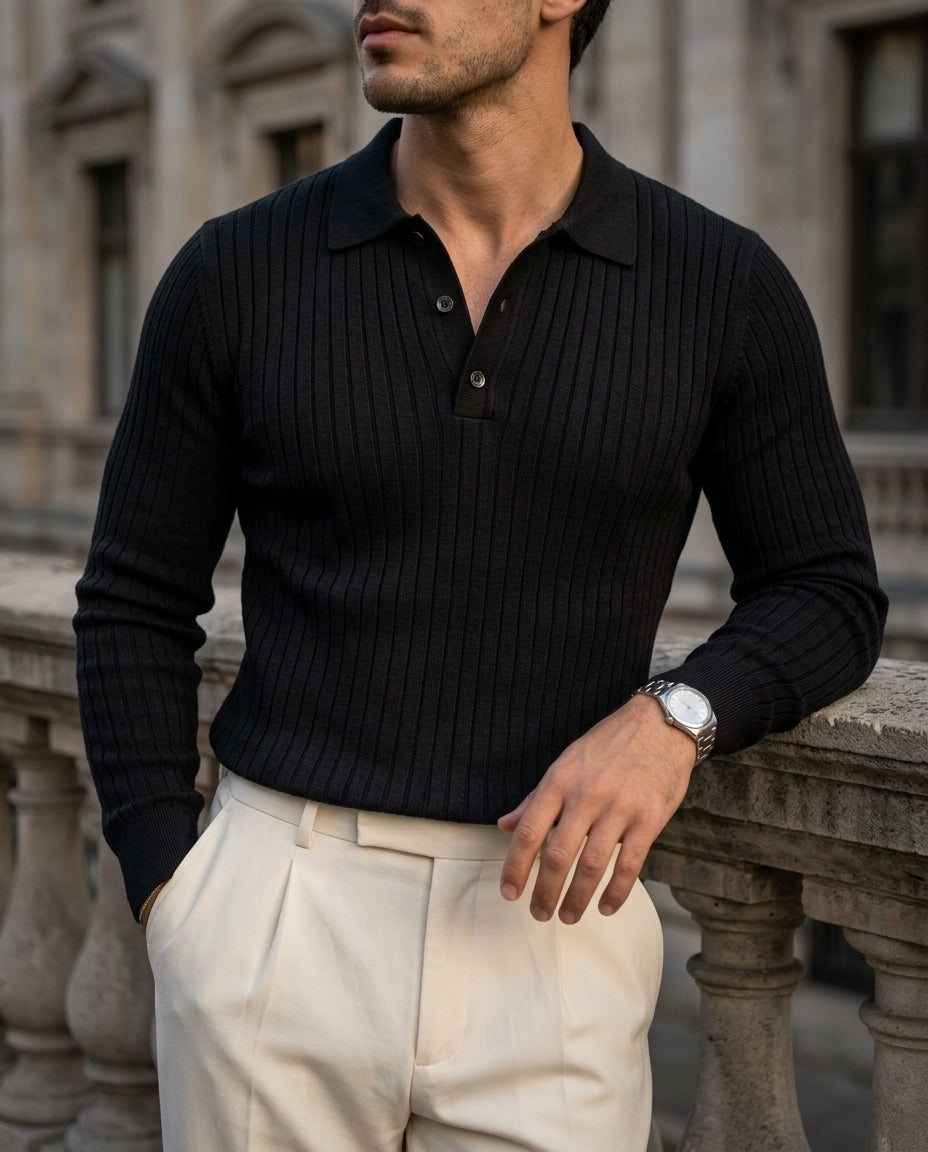 Ashford Men's Ribbed Long Sleeve Polo Sweater