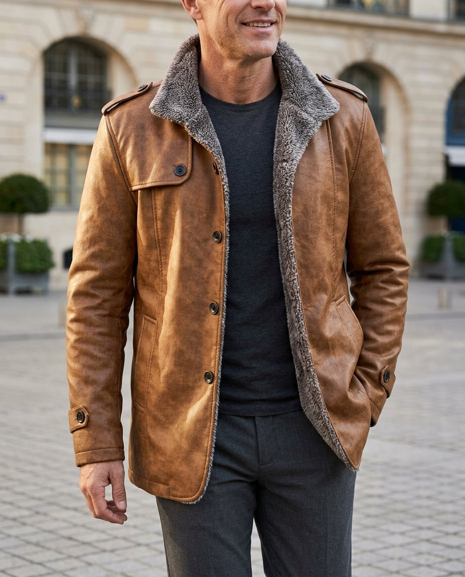 Spencer Men's Leather Plush Lined Stand Collar Coat