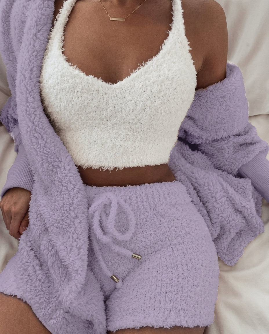 Delaney Women's Fuzzy Knit Cami Shorts Cardigan Set