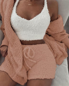 Delaney Women's Fuzzy Knit Cami Shorts Cardigan Set