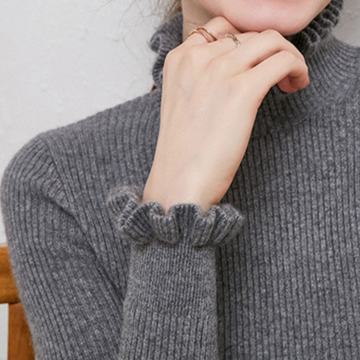 Henrietta Elegant Warm Ribbed Ruffle Neck Sweater