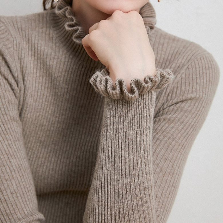 Henrietta Elegant Warm Ribbed Ruffle Neck Sweater