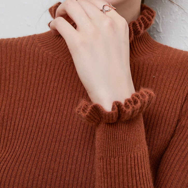 Henrietta Elegant Warm Ribbed Ruffle Neck Sweater