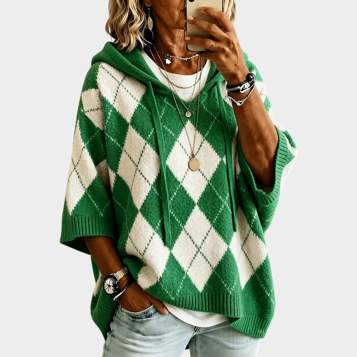 Marlowe Cozy Argyle Hooded Batwing Sweater
