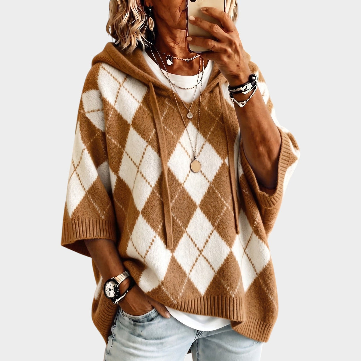 Marlowe Cozy Argyle Hooded Batwing Sweater