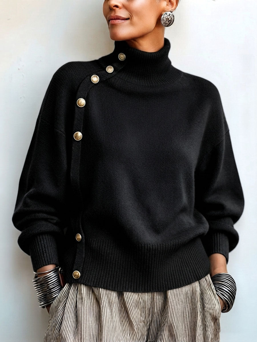 Blakely Elegant Asymmetric Button Turtleneck Sweater